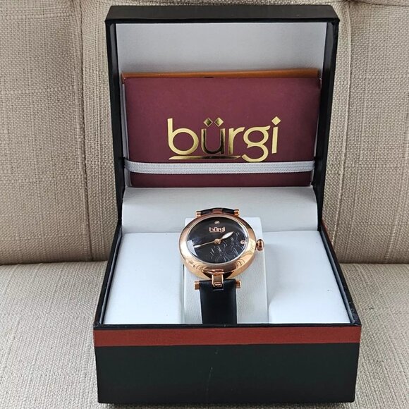 Burgi Women Wristwatch Flower Dial Analog Wrist Watch Black Leather Strap $325